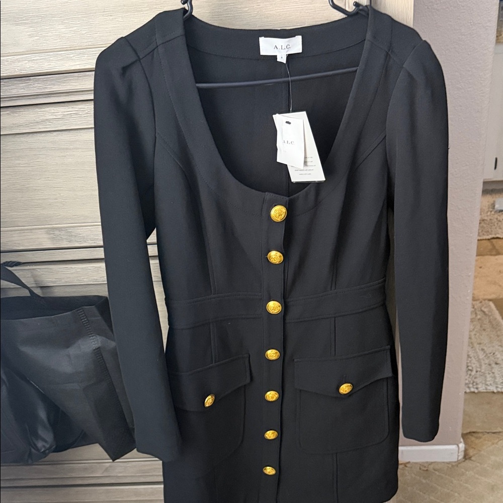 A.L.C. Black Long Sleeve Dress with Gold-Tone Buttons